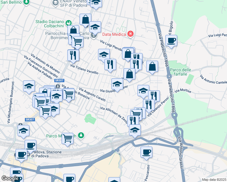 map of restaurants, bars, coffee shops, grocery stores, and more near 12 Via Benedetto Marcello in Padova