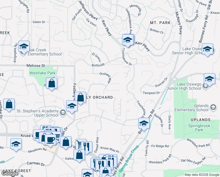 map of restaurants, bars, coffee shops, grocery stores, and more near 14302 Orchard Springs Road in Lake Oswego