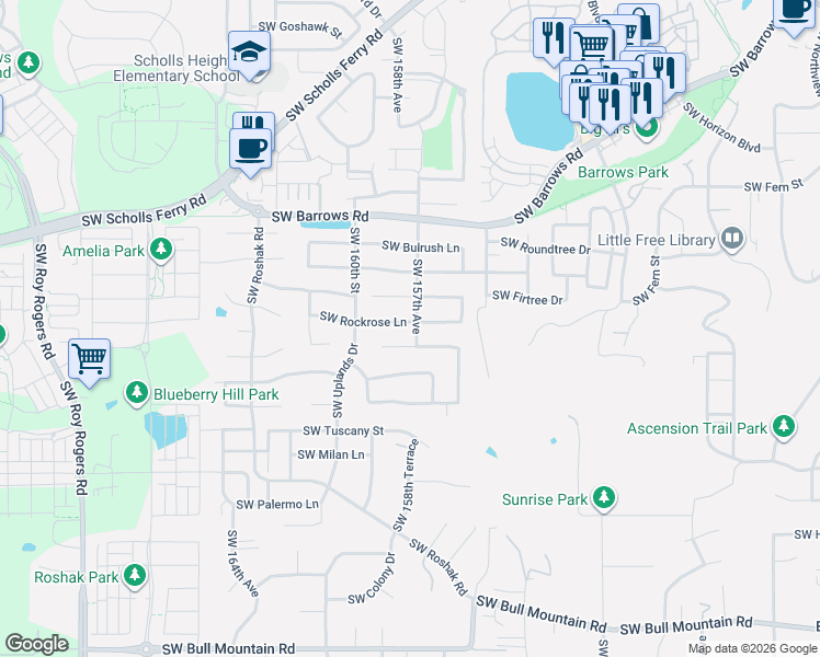 map of restaurants, bars, coffee shops, grocery stores, and more near 15551 Southwest Bristlecone Way in Tigard