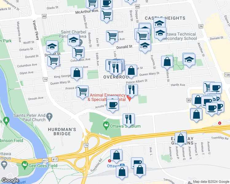 map of restaurants, bars, coffee shops, grocery stores, and more near in Ottawa