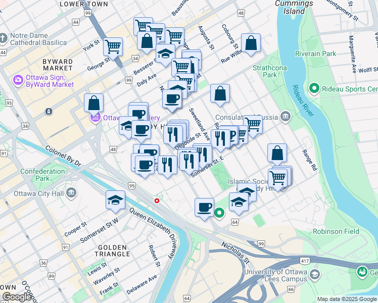 map of restaurants, bars, coffee shops, grocery stores, and more near 673 King Edward Avenue in Ottawa