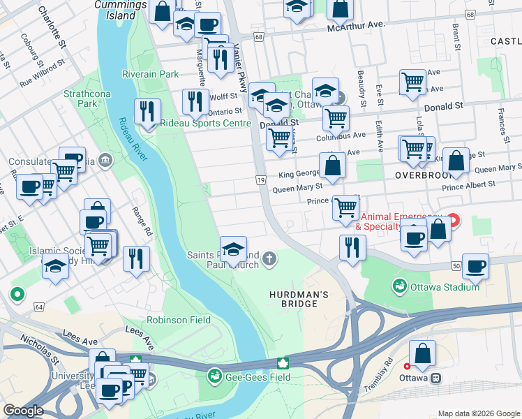 map of restaurants, bars, coffee shops, grocery stores, and more near 48 Prince Albert Street in Ottawa