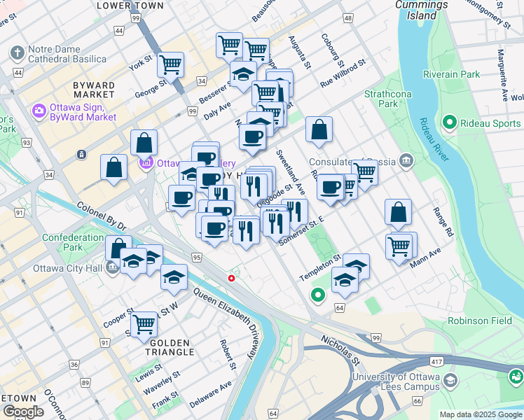 map of restaurants, bars, coffee shops, grocery stores, and more near 120 Osgoode Street in Ottawa