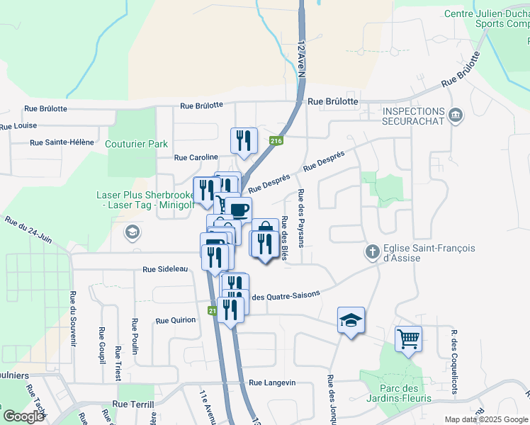 map of restaurants, bars, coffee shops, grocery stores, and more near 1140 13e Avenue Nord in Sherbrooke