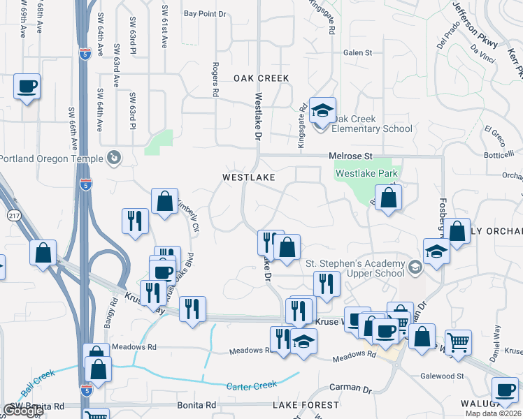 map of restaurants, bars, coffee shops, grocery stores, and more near 5444 Westfield Court in Lake Oswego