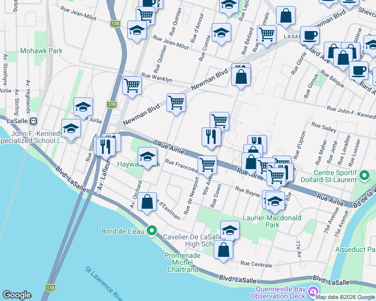 map of restaurants, bars, coffee shops, grocery stores, and more near 102 Rue Airlie in Montréal
