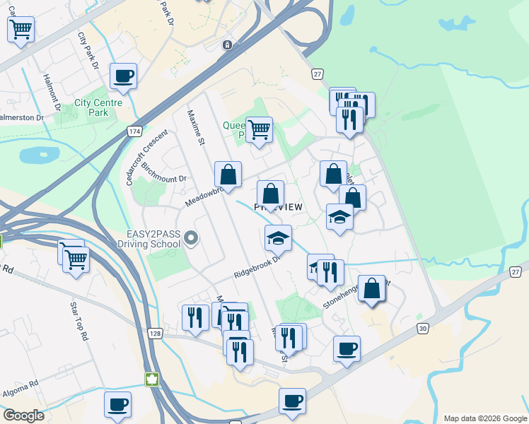 map of restaurants, bars, coffee shops, grocery stores, and more near 1446 Ridgebrook Drive in Ottawa