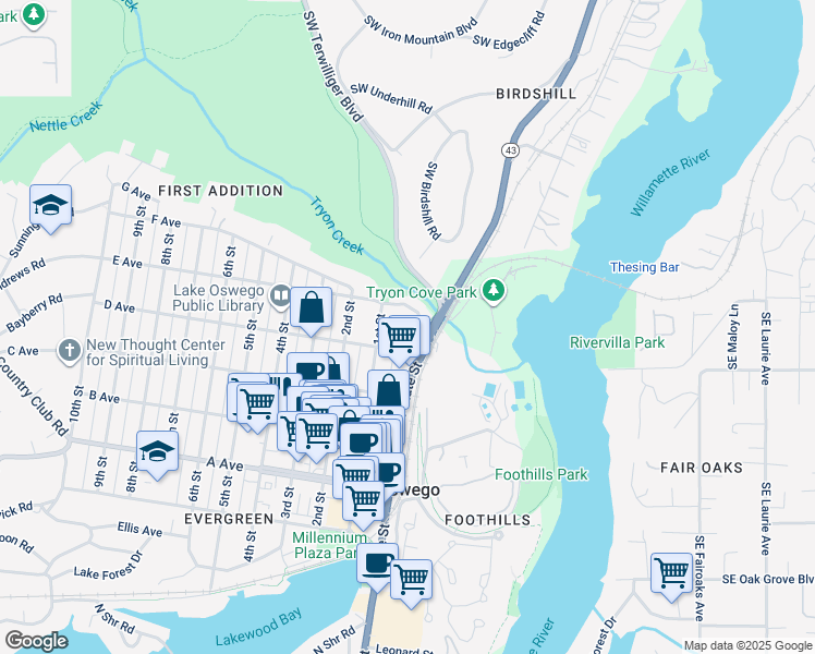 map of restaurants, bars, coffee shops, grocery stores, and more near 31 D Avenue in Lake Oswego