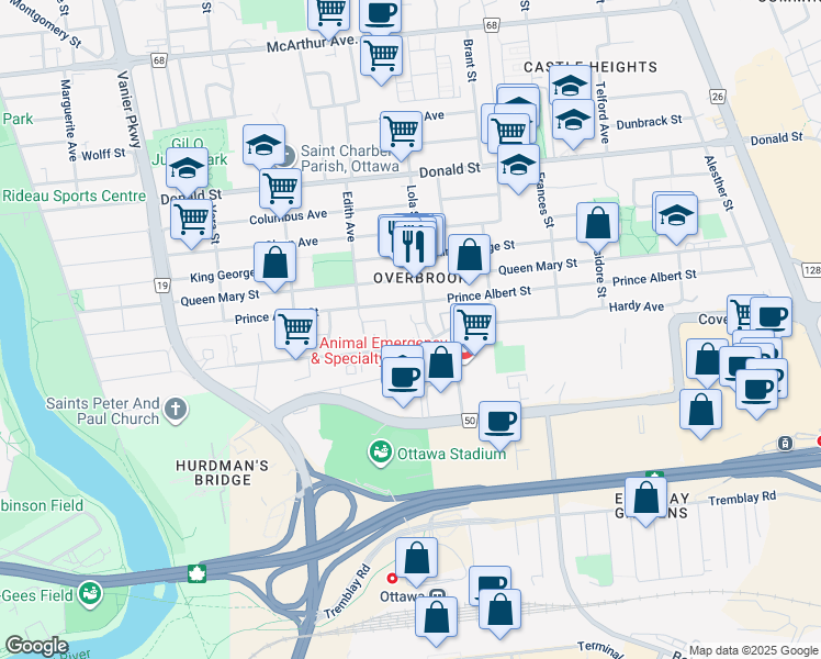map of restaurants, bars, coffee shops, grocery stores, and more near in Ottawa
