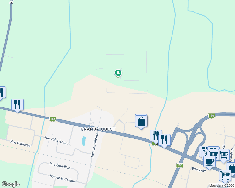 map of restaurants, bars, coffee shops, grocery stores, and more near 1176 Rue de Richmond in Granby