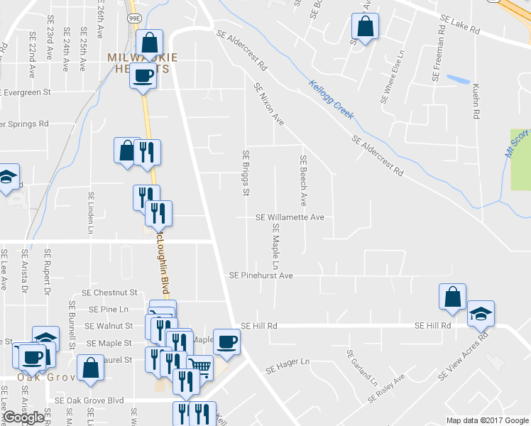 map of restaurants, bars, coffee shops, grocery stores, and more near 3615 Southeast Willamette Avenue in Milwaukie