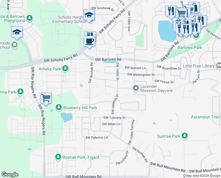 map of restaurants, bars, coffee shops, grocery stores, and more near 16082 Southwest Dewberry Lane in Portland
