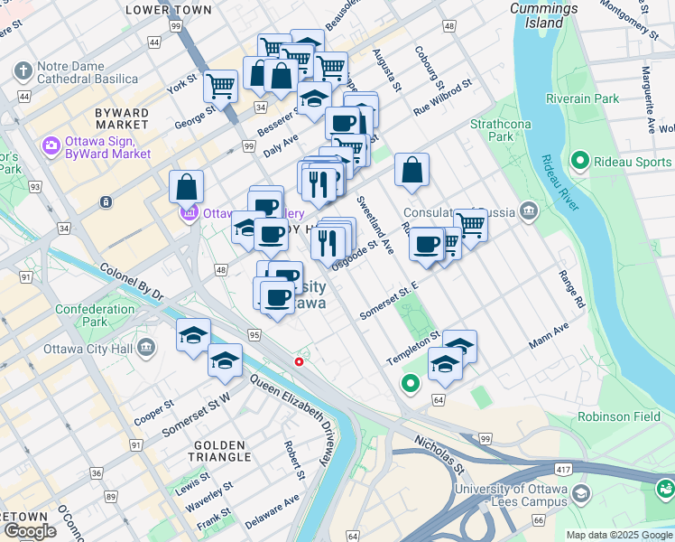 map of restaurants, bars, coffee shops, grocery stores, and more near 120 Osgoode Street in Ottawa