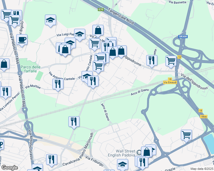 map of restaurants, bars, coffee shops, grocery stores, and more near 2 Via Cavalieri di Vittorio Veneto in Padova