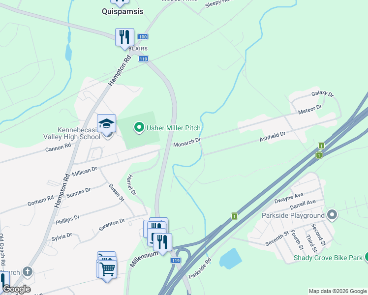 map of restaurants, bars, coffee shops, grocery stores, and more near 54 Monarch Drive in Quispamsis