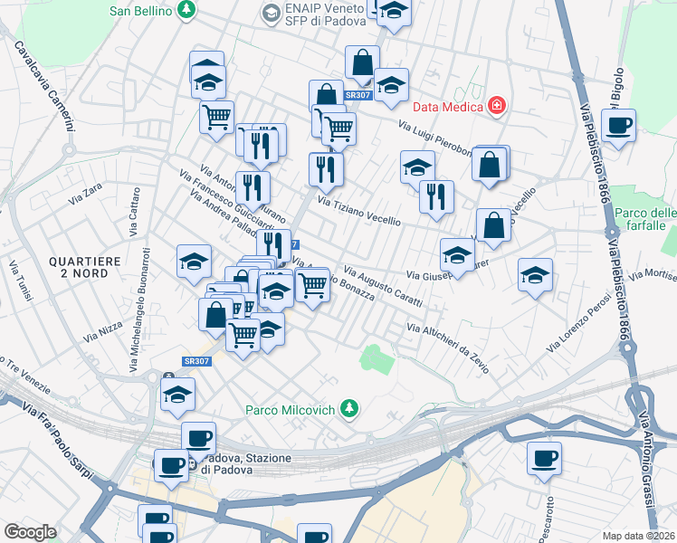 map of restaurants, bars, coffee shops, grocery stores, and more near 16 Via Annibale Padovano in Padua