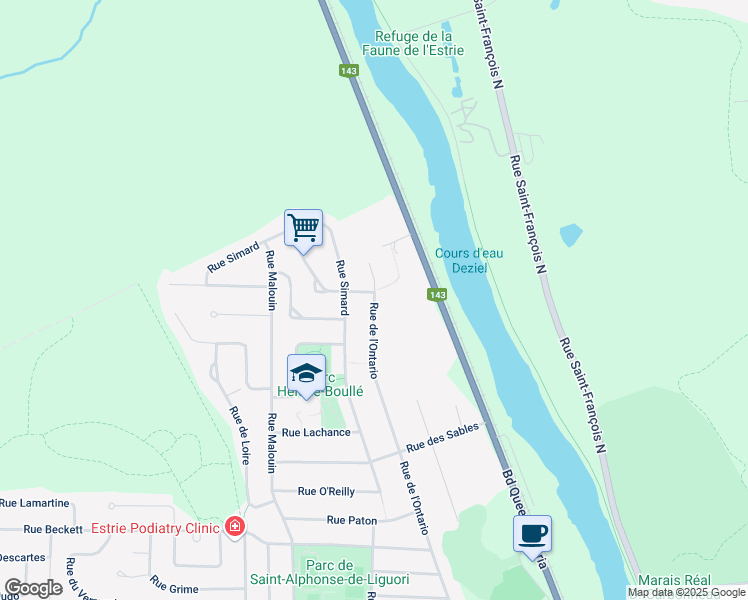 map of restaurants, bars, coffee shops, grocery stores, and more near 1702 Ontario Street in Sherbrooke