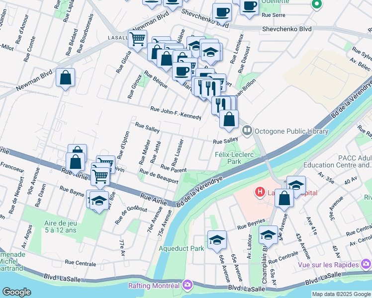 map of restaurants, bars, coffee shops, grocery stores, and more near 896 75e Avenue in Montréal