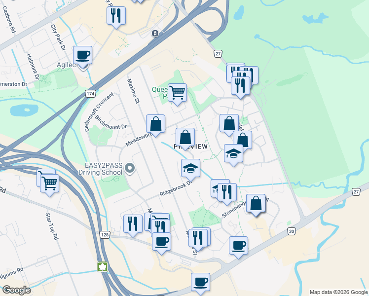 map of restaurants, bars, coffee shops, grocery stores, and more near Ridgebrook Drive in Ottawa