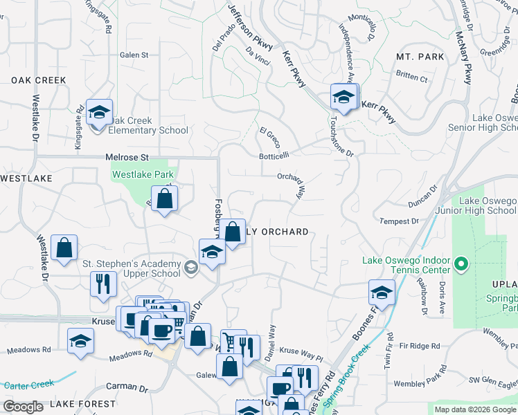 map of restaurants, bars, coffee shops, grocery stores, and more near 4166 Glacier Lily Street in Lake Oswego