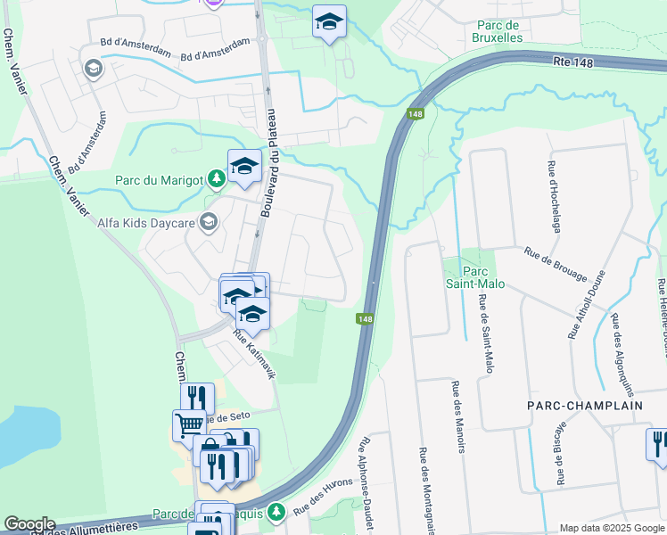 map of restaurants, bars, coffee shops, grocery stores, and more near 194 Rue des Scouts in Gatineau