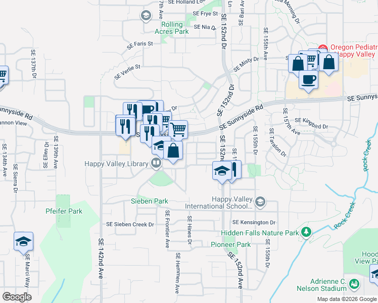 map of restaurants, bars, coffee shops, grocery stores, and more near 13634 Southeast 149th Terrace in Happy Valley