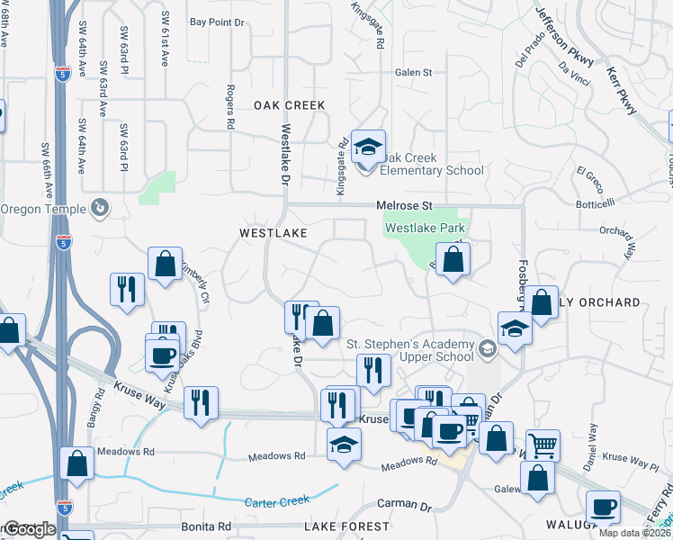 map of restaurants, bars, coffee shops, grocery stores, and more near 5312 Amberwood Court in Lake Oswego