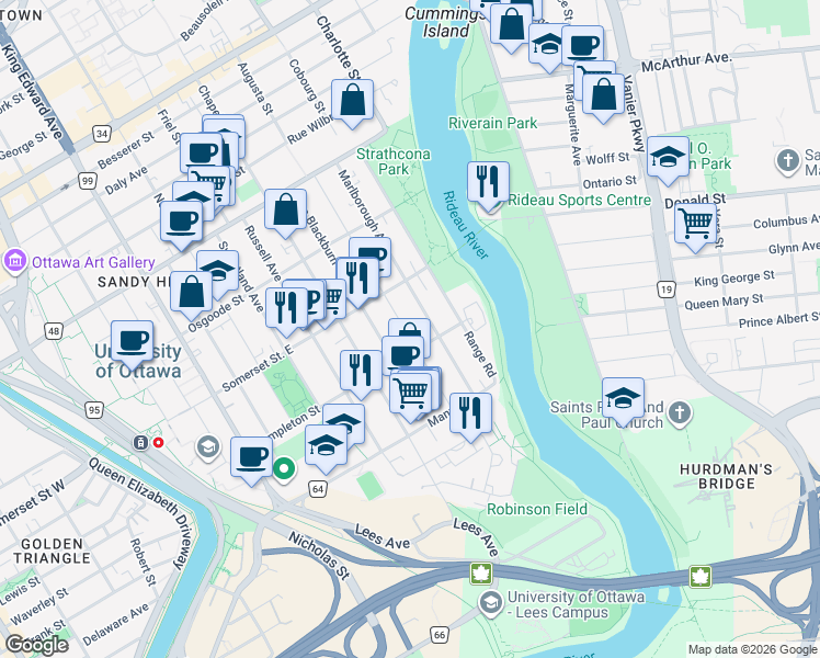 map of restaurants, bars, coffee shops, grocery stores, and more near 181 Goulburn Avenue in Ottawa