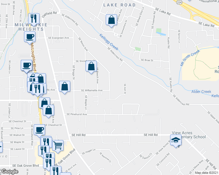 map of restaurants, bars, coffee shops, grocery stores, and more near 13650 Southeast Fernridge Avenue in Milwaukie