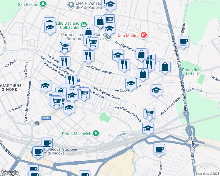 map of restaurants, bars, coffee shops, grocery stores, and more near 16 Via Niccolò Jommelli in Padova