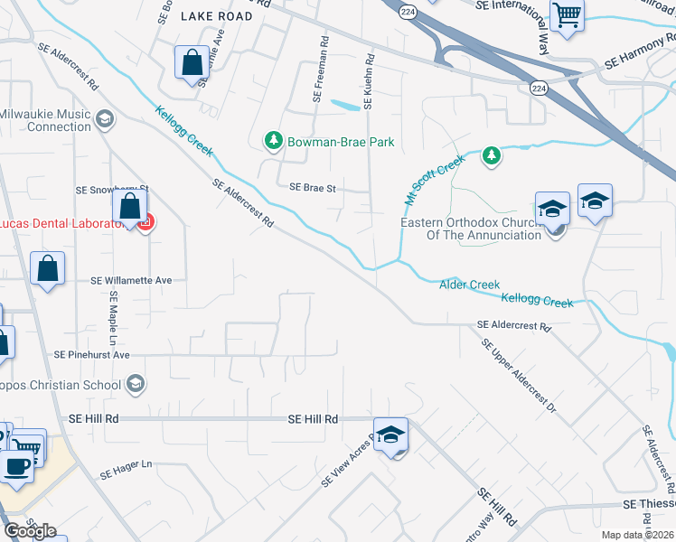 map of restaurants, bars, coffee shops, grocery stores, and more near 4585 Southeast Aldercrest Road in Milwaukie