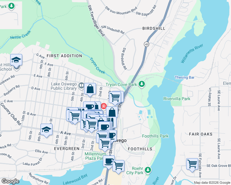map of restaurants, bars, coffee shops, grocery stores, and more near 27 E Avenue in Lake Oswego