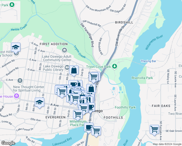 map of restaurants, bars, coffee shops, grocery stores, and more near 27 E Avenue in Lake Oswego