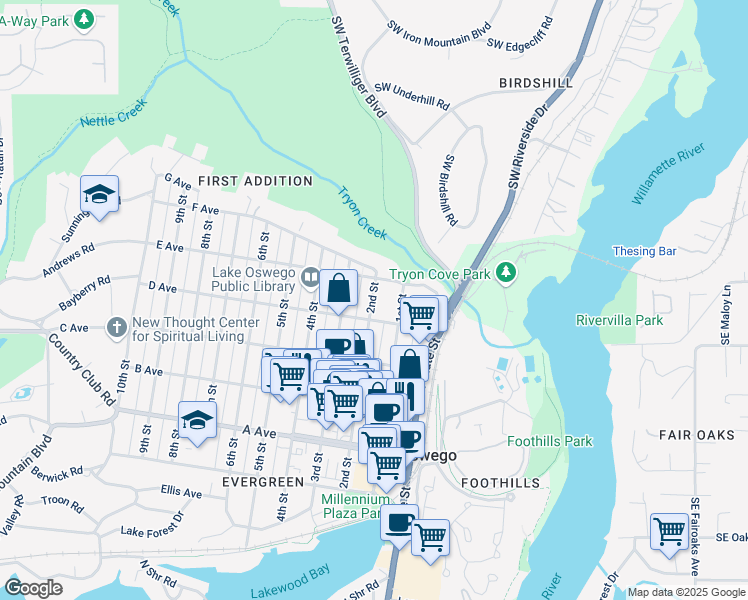 map of restaurants, bars, coffee shops, grocery stores, and more near 791 2nd Street in Lake Oswego