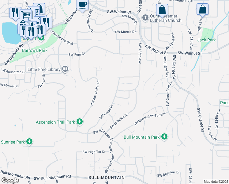 map of restaurants, bars, coffee shops, grocery stores, and more near 13197 Southwest Essex Drive in Tigard