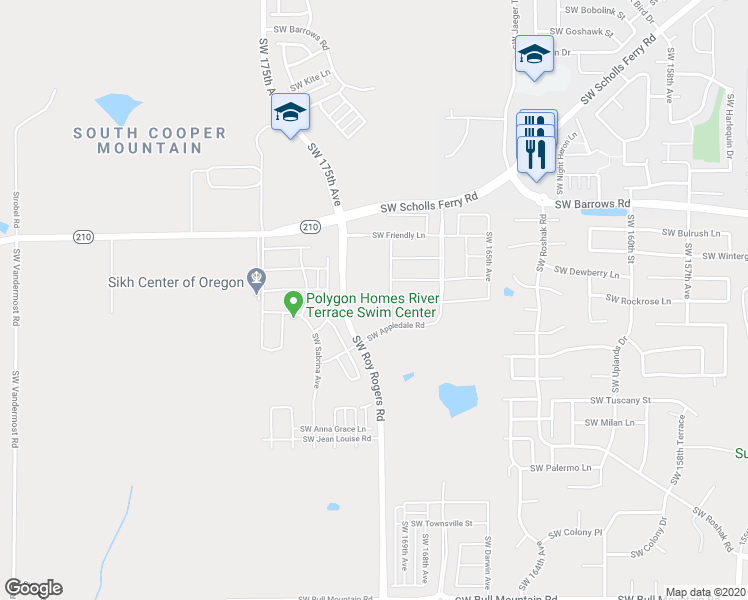 map of restaurants, bars, coffee shops, grocery stores, and more near 13205 Southwest 169th Avenue in Tigard