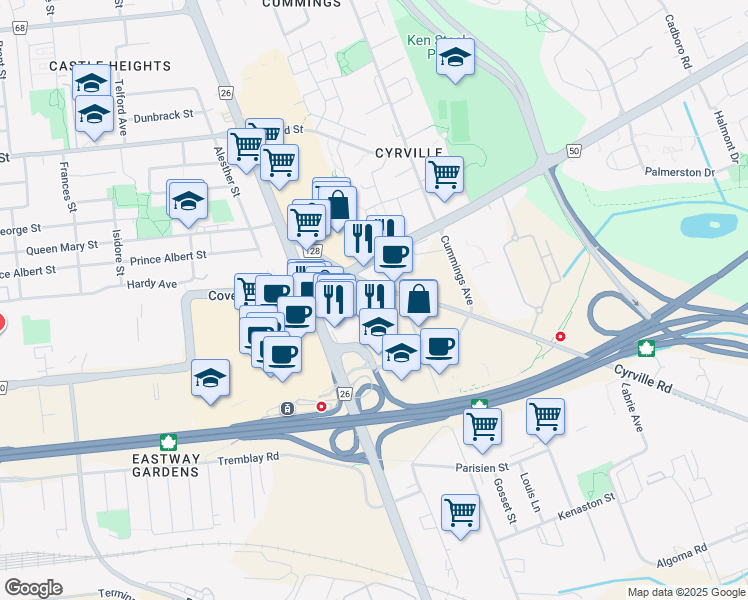 map of restaurants, bars, coffee shops, grocery stores, and more near 1155 Joseph Cyr Street in Ottawa