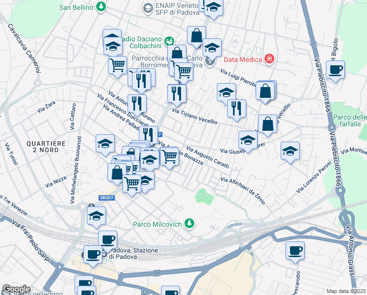map of restaurants, bars, coffee shops, grocery stores, and more near 16 Via Annibale Padovano in Padua