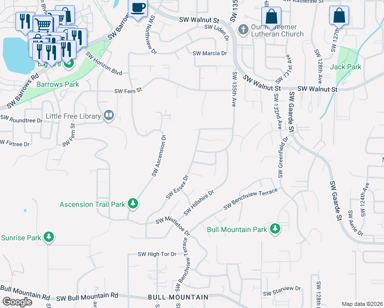 map of restaurants, bars, coffee shops, grocery stores, and more near 13197 Southwest Essex Drive in Tigard