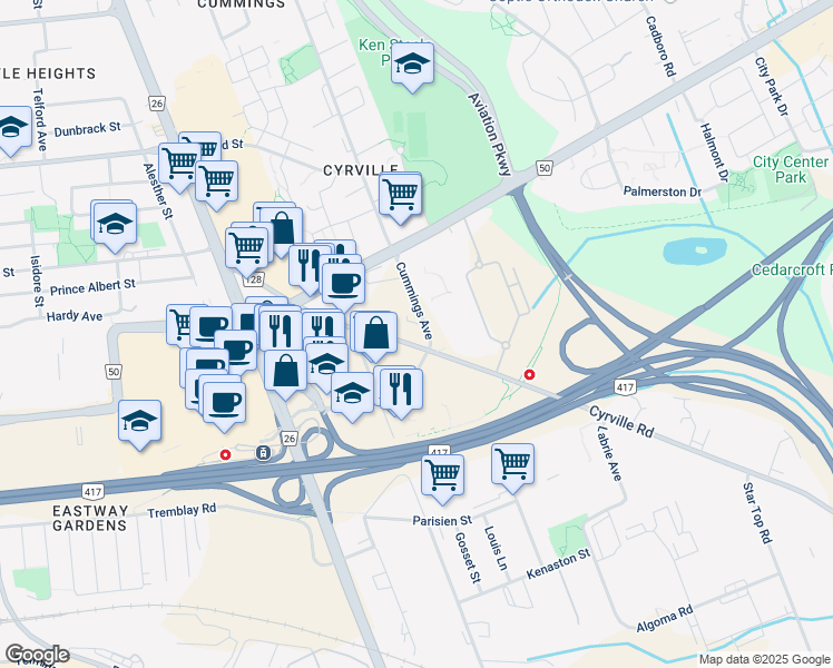 map of restaurants, bars, coffee shops, grocery stores, and more near 1221a Cummings Avenue in Ottawa