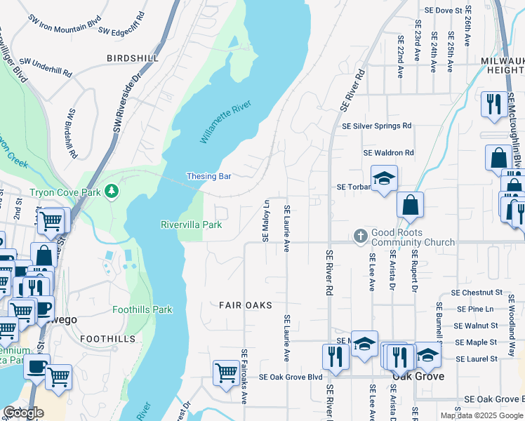 map of restaurants, bars, coffee shops, grocery stores, and more near 13699 Southeast Maloy Lane in Milwaukie