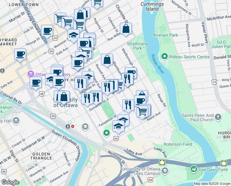 map of restaurants, bars, coffee shops, grocery stores, and more near 293 Somerset Street East in Ottawa