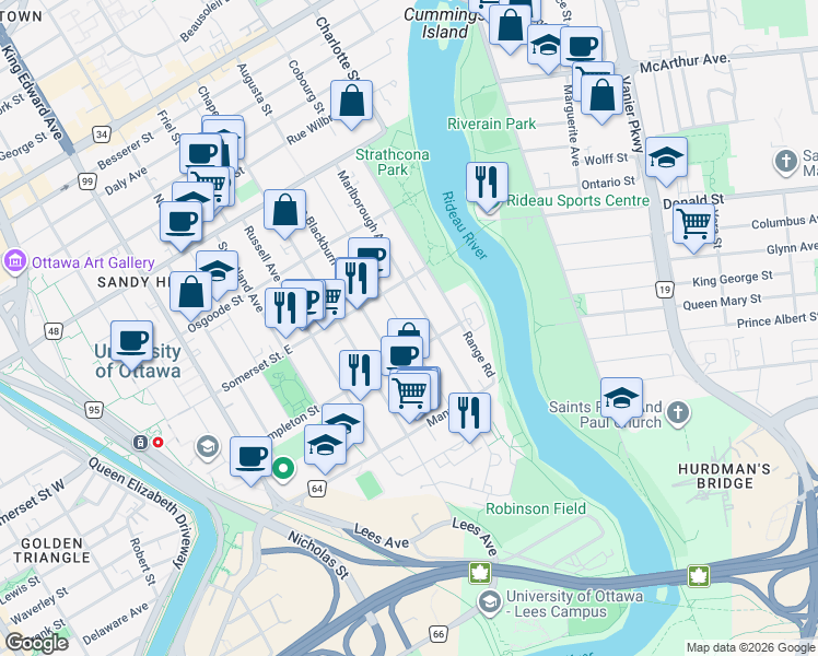 map of restaurants, bars, coffee shops, grocery stores, and more near 177 Goulburn Avenue in Ottawa