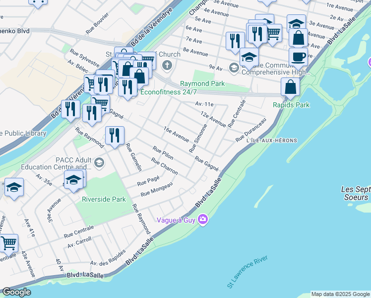map of restaurants, bars, coffee shops, grocery stores, and more near 553 Rue Gagné in Montreal