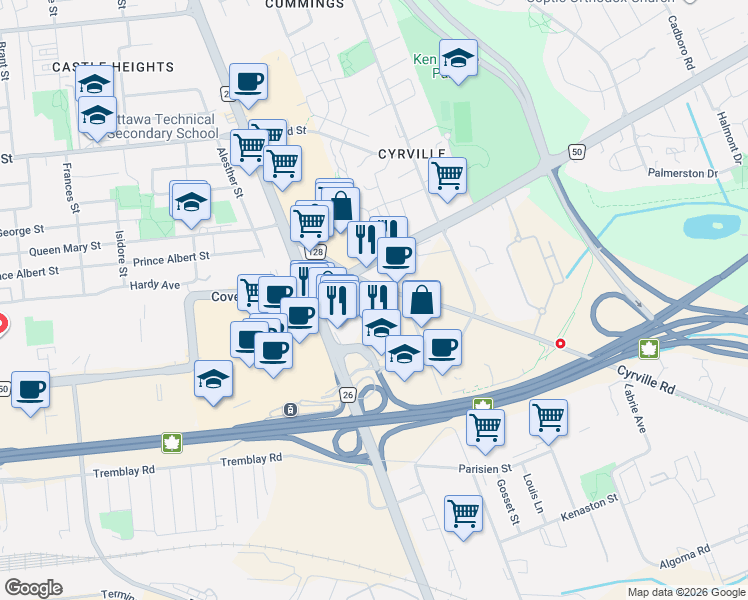 map of restaurants, bars, coffee shops, grocery stores, and more near 1155 Joseph Cyr Street in Ottawa