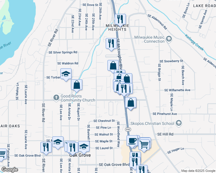 map of restaurants, bars, coffee shops, grocery stores, and more near 2615 Southeast Courtney Avenue in Milwaukie
