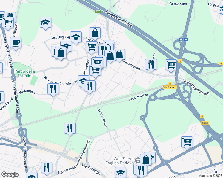 map of restaurants, bars, coffee shops, grocery stores, and more near 17 Via Astorre Lanari in Padova