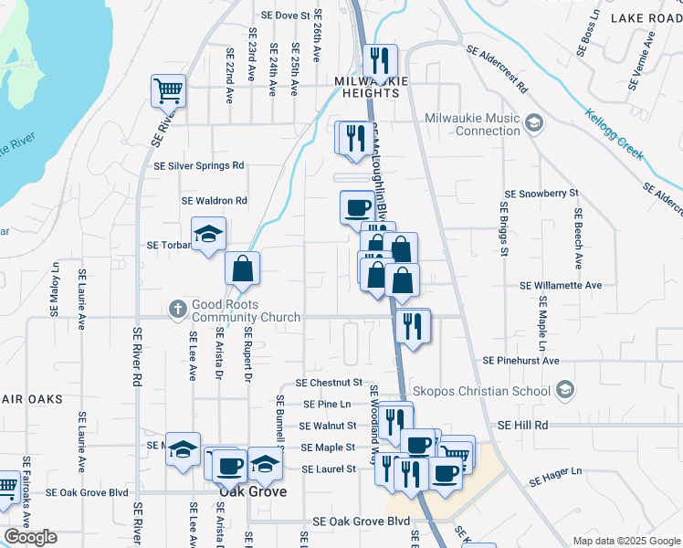 map of restaurants, bars, coffee shops, grocery stores, and more near 2615 Southeast Courtney Avenue in Milwaukie