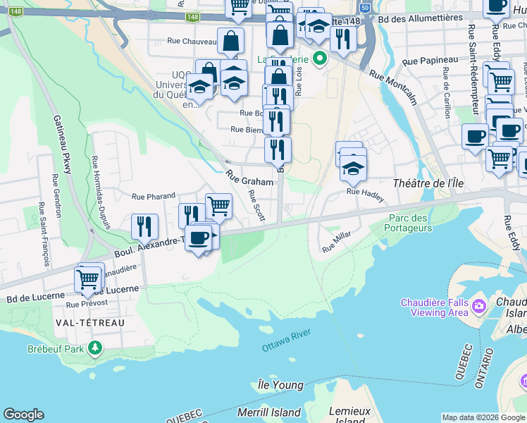 map of restaurants, bars, coffee shops, grocery stores, and more near 10 Rue Scott in Gatineau