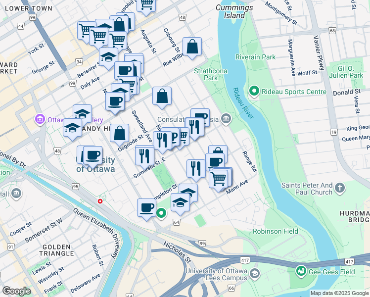 map of restaurants, bars, coffee shops, grocery stores, and more near 312 Somerset Street East in Ottawa